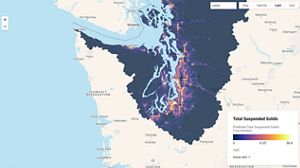 Illustration of the Puget Sound, Washington watershed with areas highlighted in dark colors.