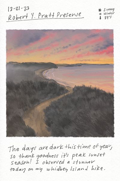 Illustration of a sunset along a coastline.