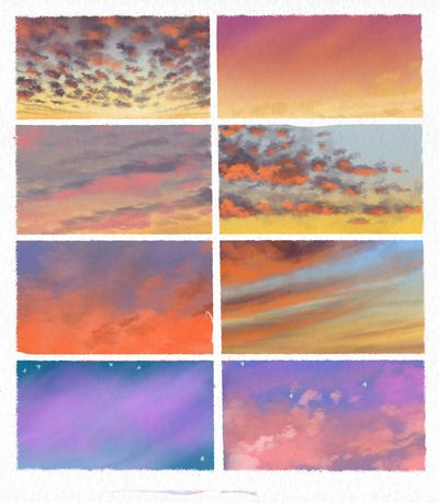 Eight illustrations of sunsets.