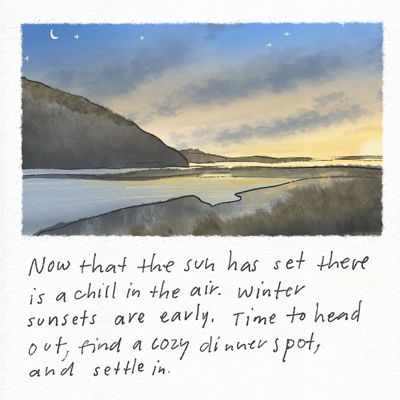 Illustration of a shoreline at night.