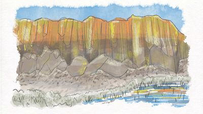 Illustration of orange and yellow lichen-covered cliffs.