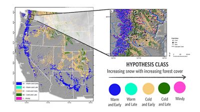 Map of the western United States with different colors indicating different snow classes.