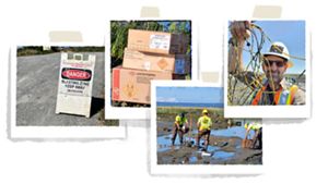 A series of four Polaroid photos showing people working to restore an estuary, signage at the site, boxes of explosives, and a man holding up blasting wires.