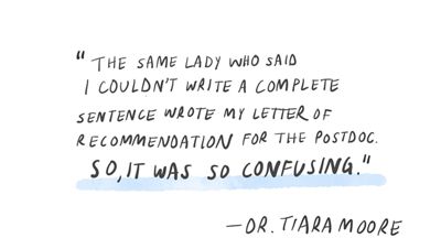 Quote by Tiara Moore that says The same lady who said I couldn't write a complete sentence wrote my letter of recommendation for the postdoc. So, it was confusing.