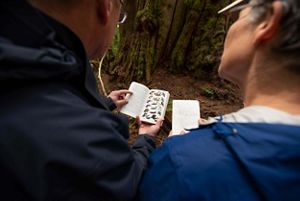 Two people look at a small book with birds.