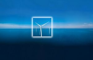 A wind turbine sits in the middle of  a blue ocean with a white square frame around its body.