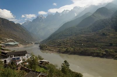 Farm fields along the Jinsha River, China.