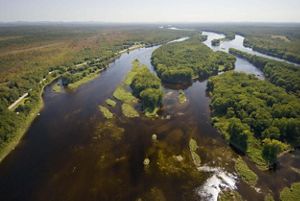 Aerial view of Penobscot River watershed featuring islands and shallow waters.