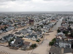 An aerial photo showing coastal New Jersey homes devastated by Hurricane Sandy in 2012.