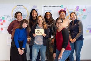 A large group of people gather together and pose for a group photo at the Women in Climate conference.