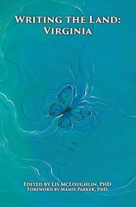 A blue book cover of Writing the Land: Virginia, featuring an illustration of a blue butterfly in the center.