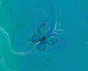 An illustration of a blue butterfly against a swirling blue background. 