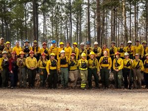 A large group of people dressed in fire gear pose together at the edge of a pine forest during a fire learning exchange.