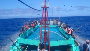 View from upper deck of the deck of a large fishing boat with several men sitting on the edges of the boat and using poles to fish in the open ocean.